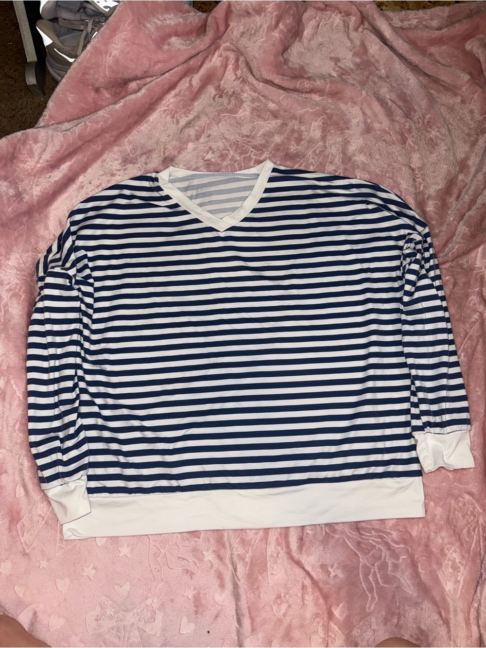 Striped Navy and White V-Neck Long Sleeve Tee
